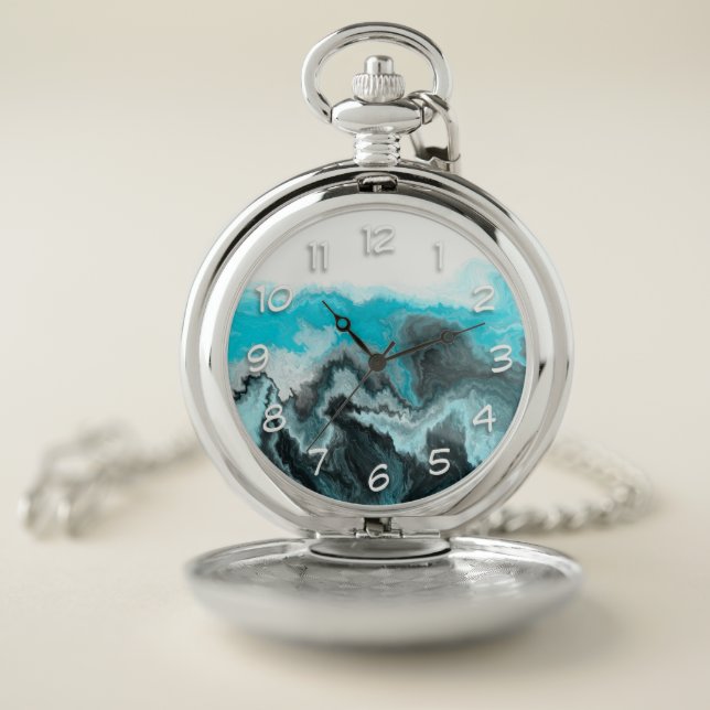 Aqua Blue Gray and Black Waves Abstract Modern Art Pocket Watch (Inside)