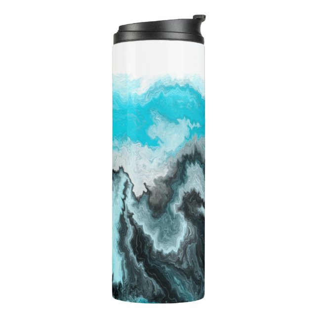 Aqua Blue Gray and Black Waves Abstract Modern Art Thermal Tumbler (Rotated Left)