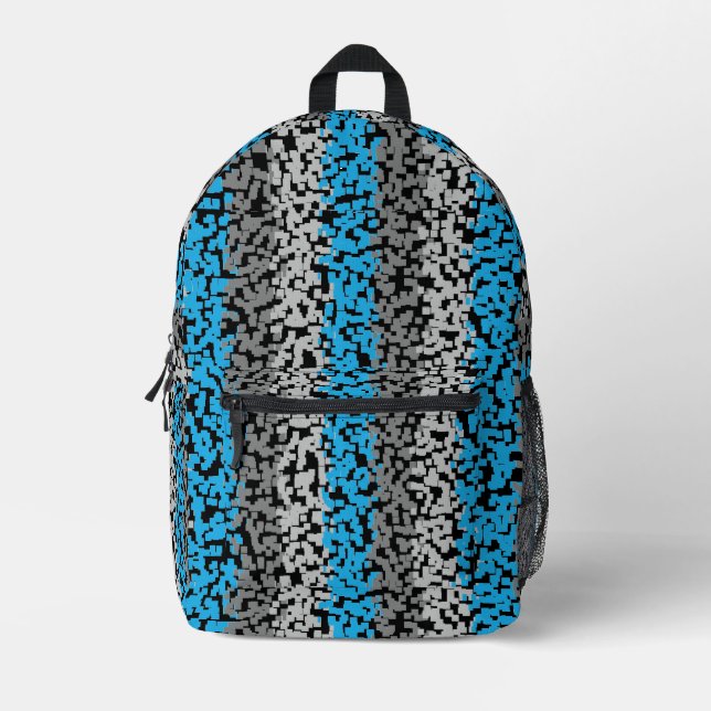 Aqua blue gray black digital pixelated stripes printed backpack (Front)