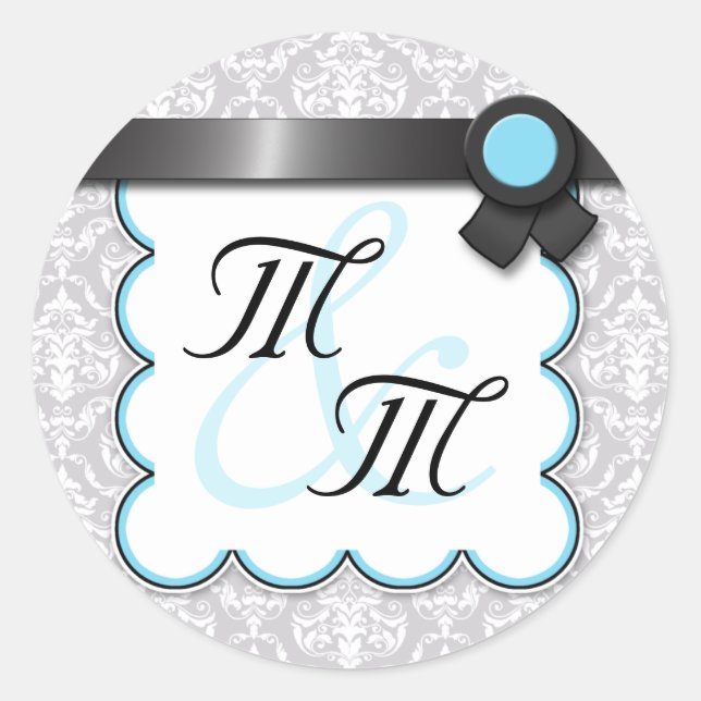 Aqua Blue & Gray Damask Double Monogram Stickers (Front)