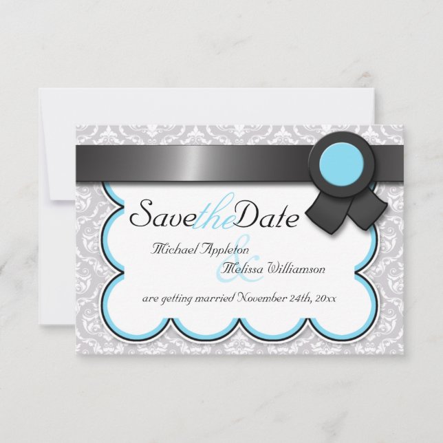 Aqua Blue & Gray Damask Save the Date Announcement (Front)