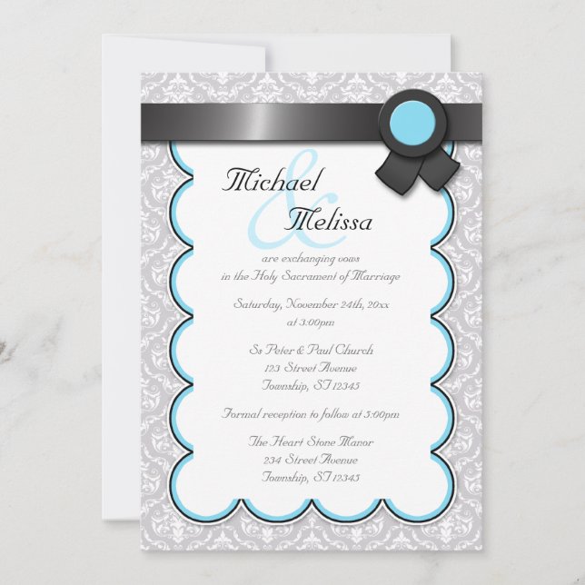 Aqua Blue & Gray Damask Wedding Invitations (Front)