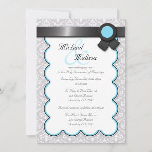 Aqua Blue & Gray Damask Wedding Invitations