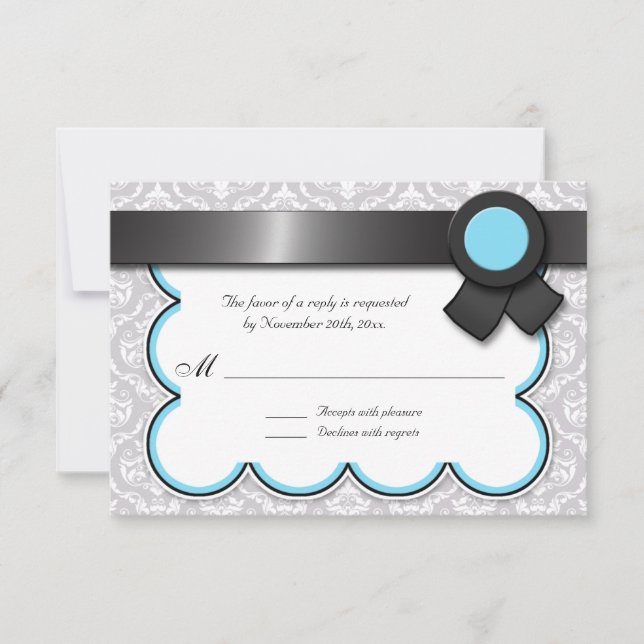 Aqua Blue & Gray Damask Wedding Reply / RSVP Cards (Front)