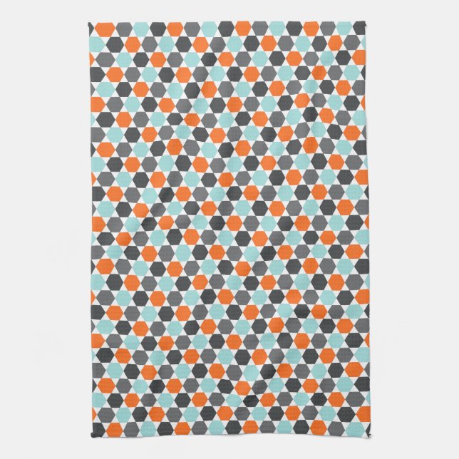 Aqua blue, gray, orange geometric hexagon pattern towel (Vertical)