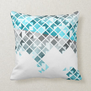 Aqua Blue, Gray & White Geometric Pattern Throw Pillow