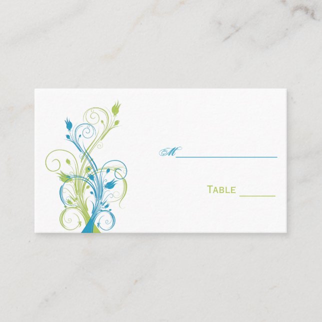 Aqua Blue, Green, and White Floral Place Cards (Front)