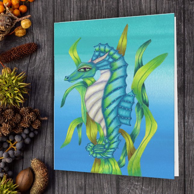 Aqua Blue Green Fantasy Sea Dragon in Seaweed Blue Card (Fantasy sea dragon or seahorse aqua blue and green in seaweed on note card.)