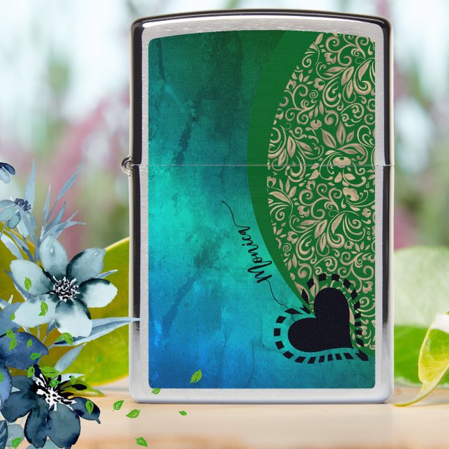 Aqua Blue Green Floral Patter Zippo Lighter (Aqua Blue Green Floral Patter Zippo Lighter)