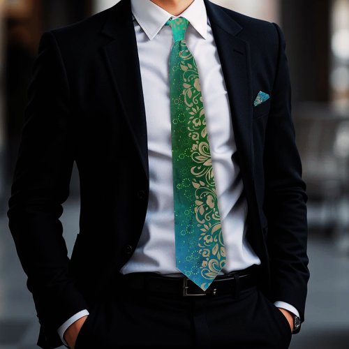 Aqua Blue Green Floral Pattern Neck Tie