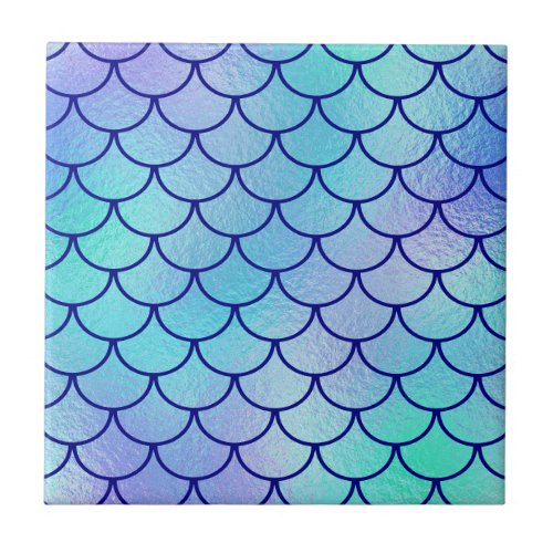 Aqua Blue Green Iridescent Mermaid Scales Ceramic Tile