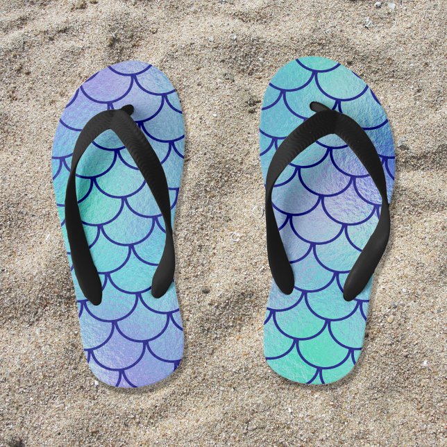 Aqua Blue Green Iridescent Mermaid Scales Kid's Flip Flops (Aqua Blue Green Mermaid Scales Girly Flip Flops)