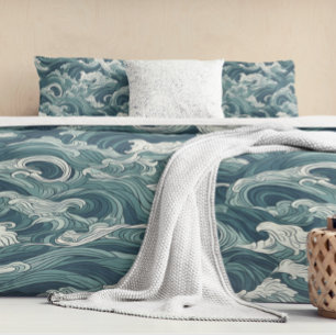 Aqua Blue Green Japanese Wave Pattern Duvet Cover