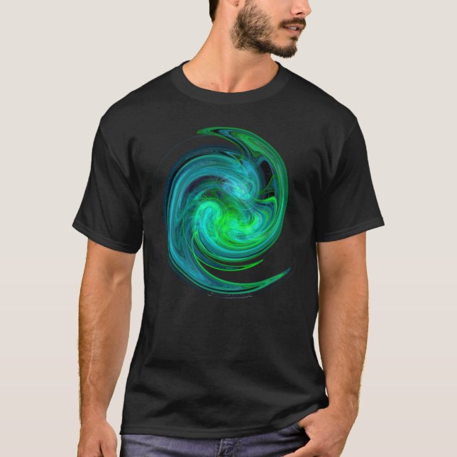 AQUA BLUE GREEN LIGHT VORTEX Fractal Swirl Black T-Shirt (Front)