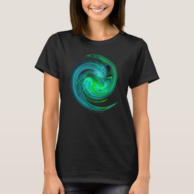 AQUA BLUE GREEN LIGHT VORTEX Fractal Swirl Black T T-Shirt (Front)