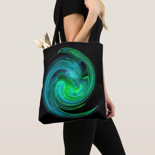 AQUA BLUE GREEN LIGHT VORTEX Fractal Swirl Black Tote Bag