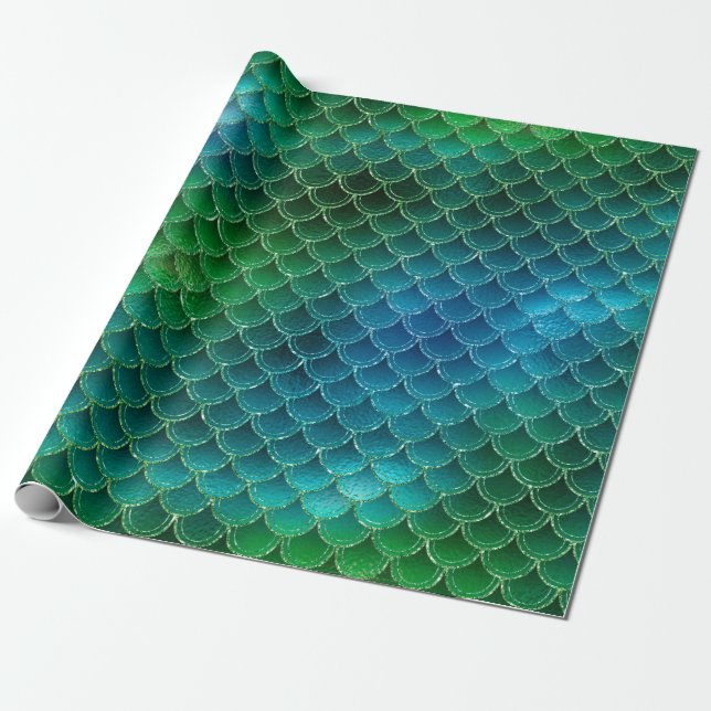 Aqua Blue Green Mermaid Scales Wrapping Paper (Unrolled)