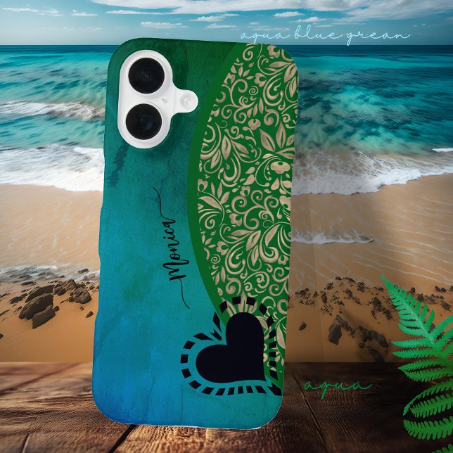 Aqua Blue Green Modern Floral Heart  iPhone Case (Aqua Blue Green Modern Floral Heart iPhone 16 )
