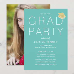 Aqua Blue-Green Modern Photo Graduation Party Invitation