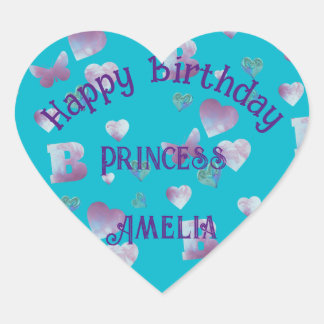 Aqua/blue-green, pink hearts & butterflies balloon heart sticker