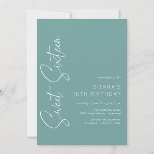 Aqua Blue-Green Simple Script Sweet 16 Birthday Invitation