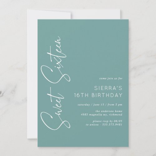 Aqua Blue_Green  Simple Script Sweet 16 Birthday Invitation