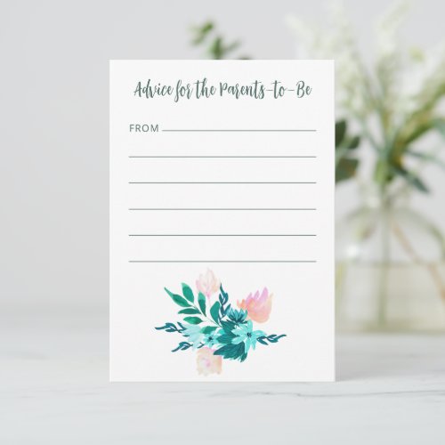 Aqua Blue Green Watercolor Floral Baby Shower Advice Card