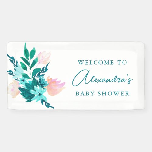 Aqua Blue Green Watercolor Floral Baby Shower Banner