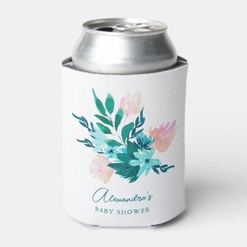 Aqua Blue Green Watercolor Floral Baby Shower Can Cooler