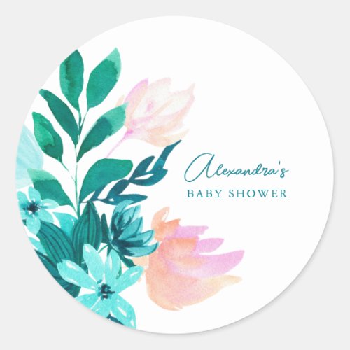 Aqua Blue Green Watercolor Floral Baby Shower Classic Round Sticker