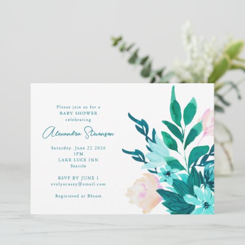 Aqua Blue Green Watercolor Floral Baby Shower Invitation
