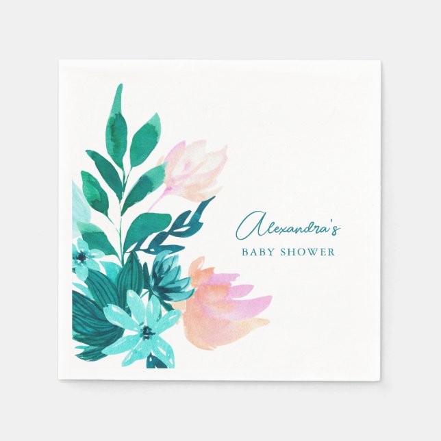 Aqua Blue Green Watercolor Floral Baby Shower Napkins (Front)