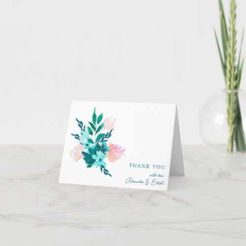 Aqua Blue Green Watercolor Floral Baby Shower Thank You Card
