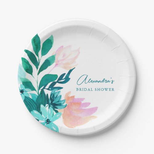 Aqua Blue Green Watercolor Floral Bridal Shower Paper Plates