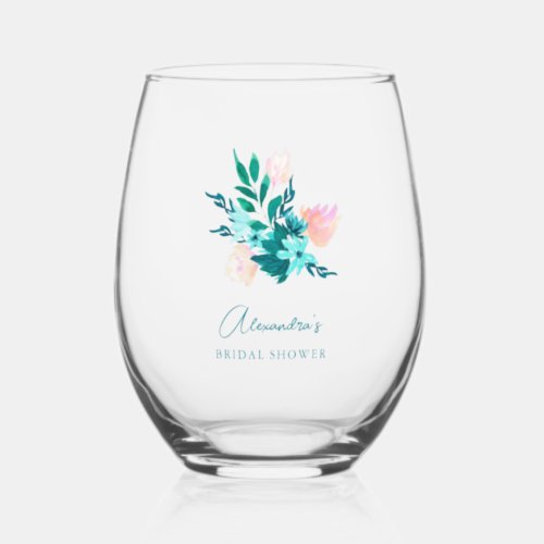 Aqua Blue Green Watercolor Floral Bridal Shower Stemless Wine Glass