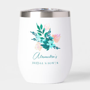 Aqua Blue Green Watercolor Floral Bridal Shower Thermal Wine Tumbler