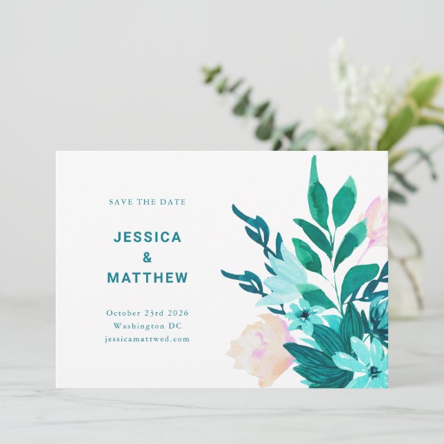 Aqua Blue Green Watercolor Floral Minimalist Save The Date (Standing Front)