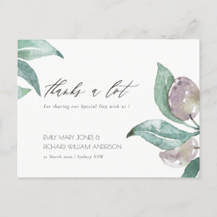 AQUA BLUE GREEN WATERCOLOR FOLIAGE OLIVE THANK YOU POSTCARD