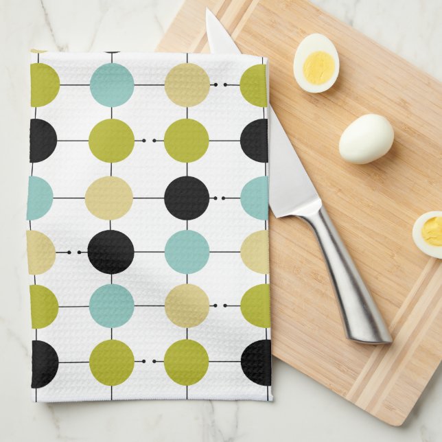 Aqua Blue Green Yellow Circles On Black Lines Kitchen Towel (Quarter Fold)