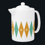 Aqua Blue Green Yellow Stars Diamonds Mid-century Teapot<br><div class="desc">This fabulous mid-century modern teapot features turquoise blue and orange diamonds with cream colored stars.  It's a great way to add some fun to your kitchen!</div>
