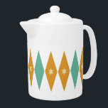 Aqua Blue Green Yellow Stars Diamonds Mid-century Teapot<br><div class="desc">This fabulous mid-century modern teapot features turquoise blue and orange diamonds with cream colored stars.  It's a great way to add some fun to your kitchen!</div>