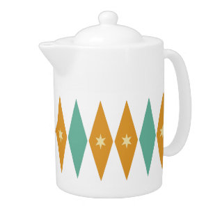 Aqua Blue Green Yellow Stars Diamonds Mid-century Teapot