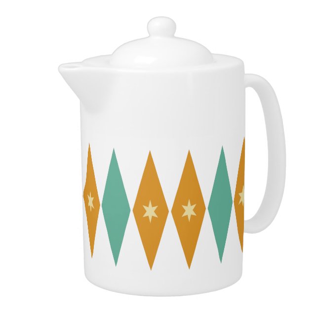 Aqua Blue Green Yellow Stars Diamonds Mid-century Teapot (Right)