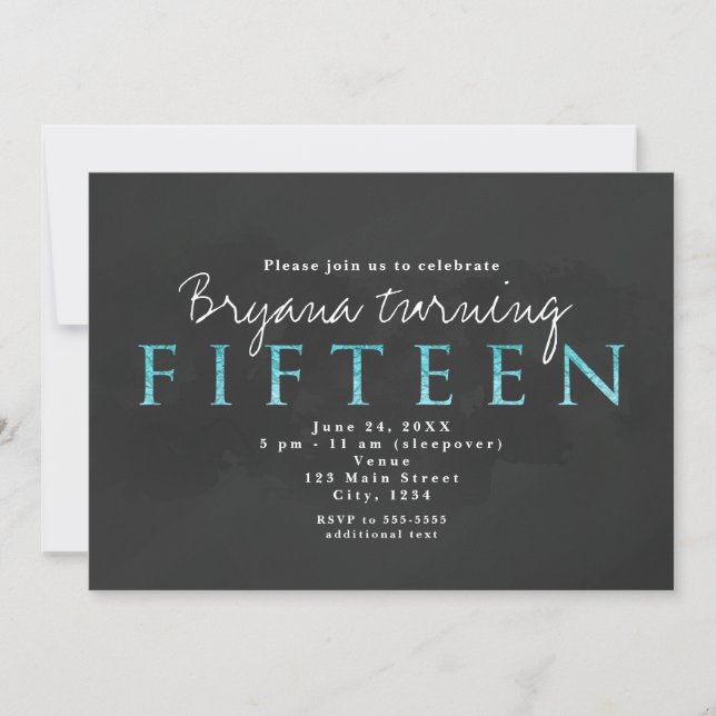 Aqua Blue & Grey 15TH 15 Birthday Party Invitation (Front)