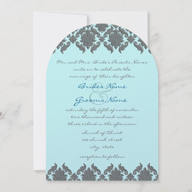 Aqua Blue Grey Bevel Damask Wedding Invitation (Back)
