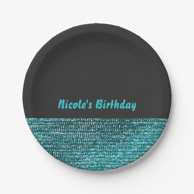 Aqua Blue & Grey Modern Glam Sequins Chic Party Paper Plates (Front)