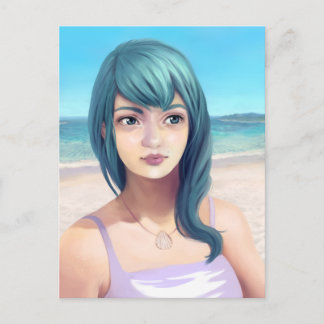 Aqua - Blue Haired Pretty Girl on Beach Postcard