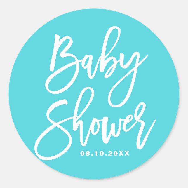 Aqua Blue Hand Lettered Custom Baby Shower Sticker (Front)