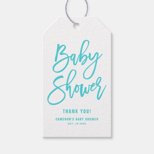 Aqua Blue Hand Lettered Script Baby Shower Gift Tags