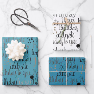 Aqua Blue Happy Birthday Wrapping Paper Sheets